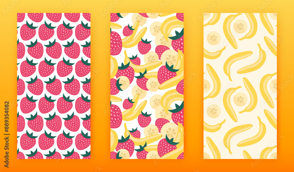 Fototapeta premium Vector seamless patterns set of many big strawberries, bananas. Berry and fruit taste mix. Funny cartoon prints. Cute bright art for juice, smoothie, baby food packaging layout design, cloth swatch