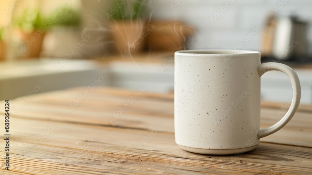 warm morning coffee in a white mug on rustic wooden table, kitchen background, sunlight streaming through window, steam rising, cozy home atmosphere