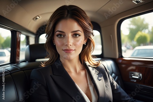 Smiling confident professional businesswoman passenger in luxury limousine limo, successful corporate lifestyle © Kheng Guan Toh