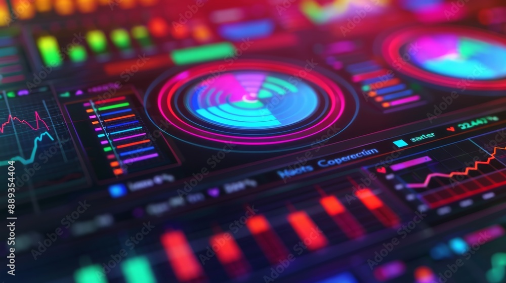 futuristic digital interface with colorful neon charts, graphs, and data visualizations for business and technology concepts. futuristic digital interface with colorful neon charts, graphs, and data visualizations for business and technology concepts.