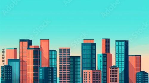 modern city skyline illustration with flat design and minimalist style - vibrant colors and bright sky - urban landscape with tall buildings - graphic