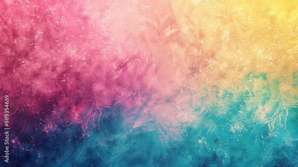Fototapeta premium Colorful pink, yellow and turquoise gradient noisy grain background texture