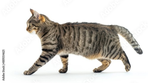 agile tabby cat running and walking side view