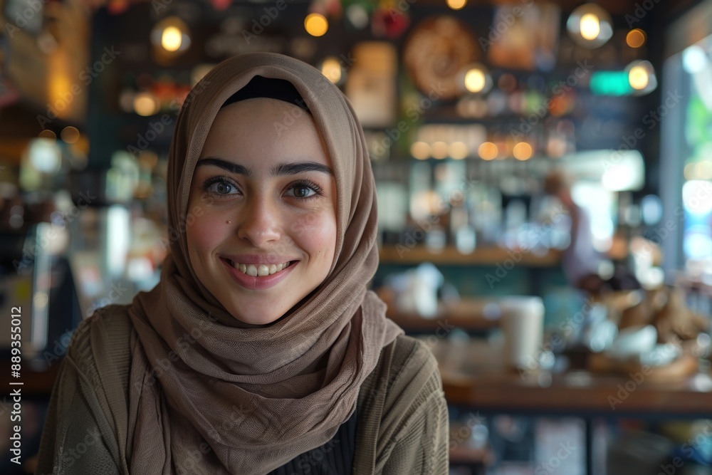 Smiling Woman in a Hijab at a Cafe Smiling Woman in a Hijab at a Cafe