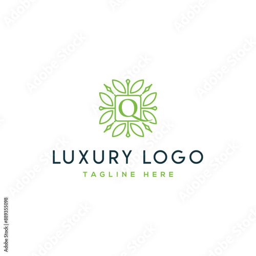 Royal luxurious elegant sophisticated lineart pattern badge Initial Q letters  vector designs in green colors
