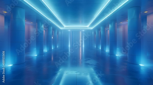 Futuristic interior space, smooth reflective surfaces, blue color gradient, neon lighting, minimalist architecture, sci-fi ambiance, sleek geometric shapes, glossy floor.