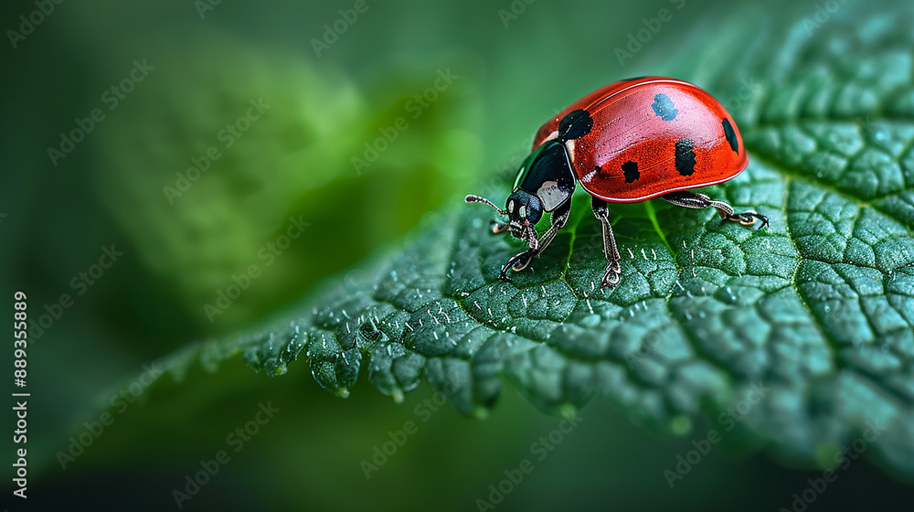 Fototapeta premium A close-up of a ladybug with bright red wings and distinctive black spots, moving along a moss-covered branch, surrounded by the lush greens of the forest.