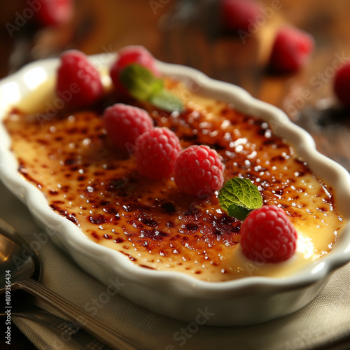 creme brulee with redberry on top of it photo