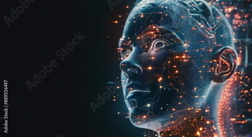 Futuristic digital human face with circuit patterns, AI concept.