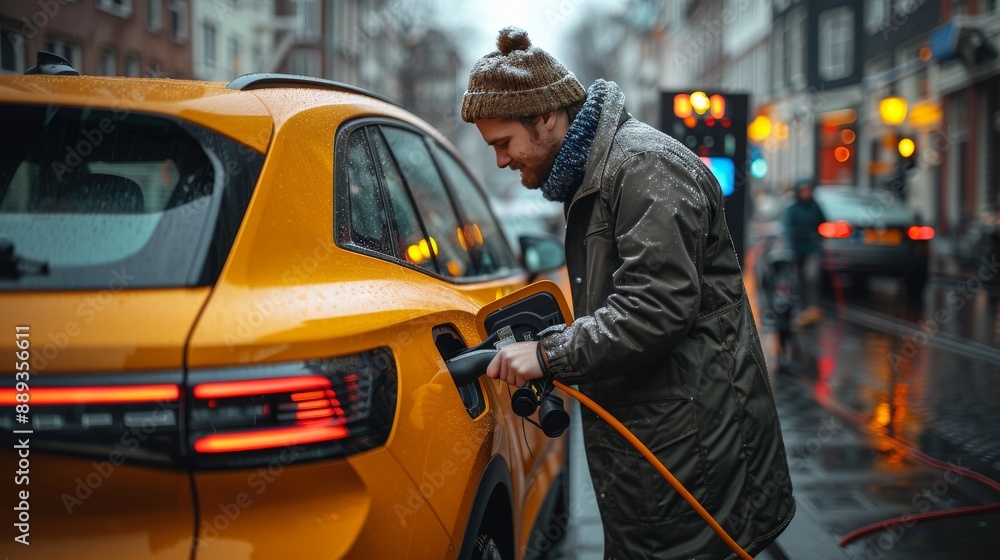 Man Plugs In Electric Car To Charge In City Man Plugs In Electric Car To Charge In City