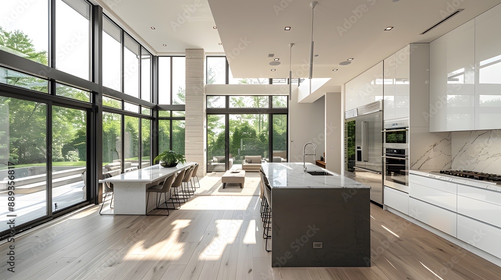 Fototapeta premium High-resolution professional photograph of a minimalist modern kitchen with sleek white cabinets, stainless steel appliances, and natural light flooding in through large windows.