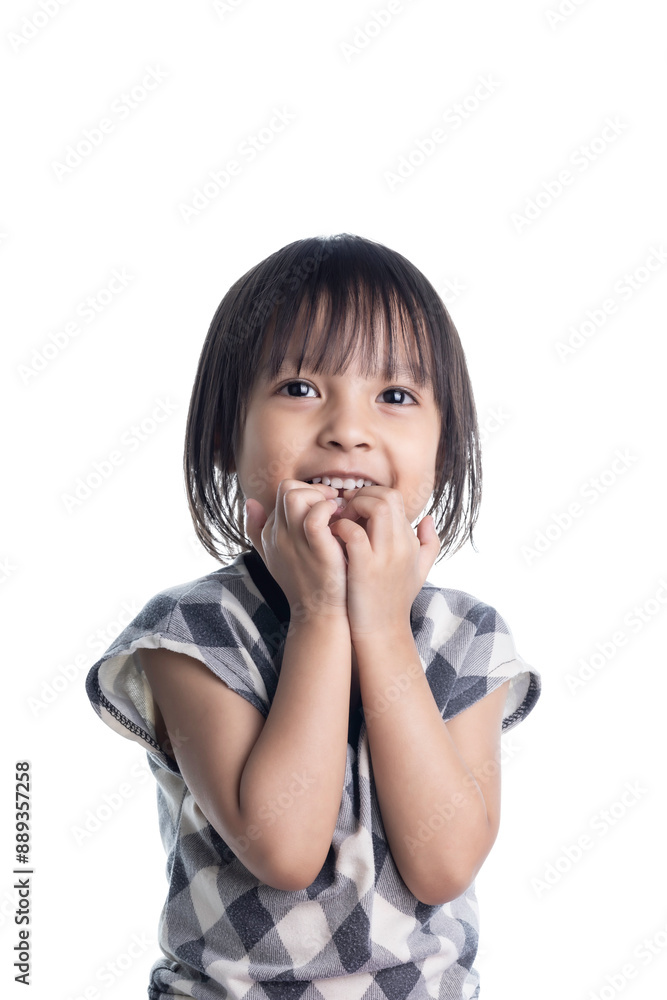 Asian girl sucks her finger and shy smile isolated on white background with clipping path. Asian girl sucks her finger and shy smile isolated on white background with clipping path.