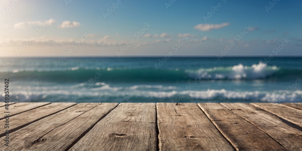 close-up of an empty wooden table and blurred wawing ocean background, blue sky, mockup background for product display. close-up of an empty wooden table and blurred wawing ocean background, blue sky, mockup background for product display.