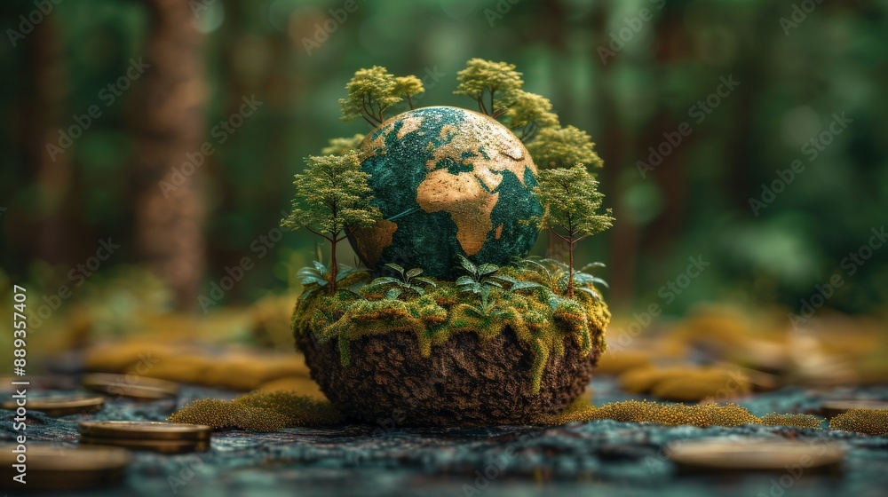 Miniature Earth with Trees and Moss on Coins in Forest Setting Miniature Earth with Trees and Moss on Coins in Forest Setting