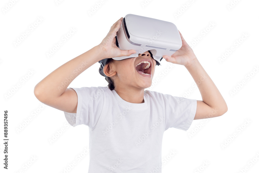 Naklejka premium Little Asian boy experiencing virtual reality with VR headset isolated on white background.