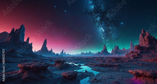 Fototapeta Naklejka Na Ścianę i Meble -  Vibrant alien landscape with crystal formations under a starry galaxy sky, ideal for immersive space game backgrounds.