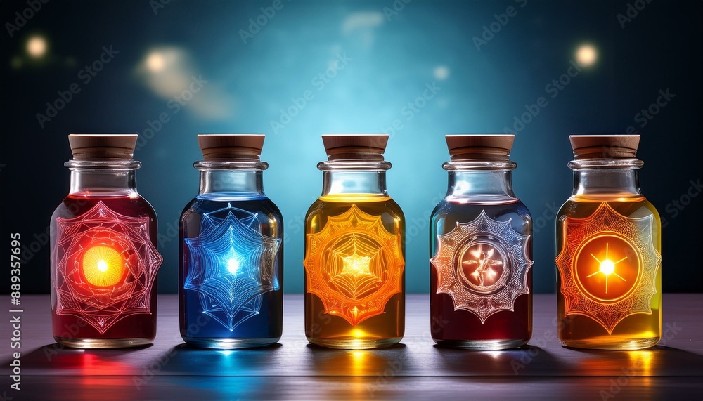 Tiny glass containers symbolize the Chakras, which are the focal points of energy in the mystical traditions of Indian spirituality. Tiny glass containers symbolize the Chakras, which are the focal points of energy in the mystical traditions of Indian spirituality.
