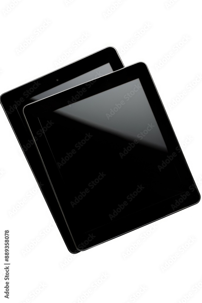 Two black tablets stacked on top of each other, digital technology, computing devices Two black tablets stacked on top of each other, digital technology, computing devices