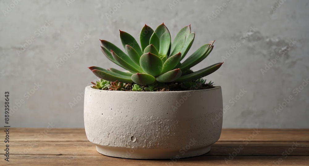 Obraz premium Succulent Plant in a White Concrete Pot on a Wooden Surface.