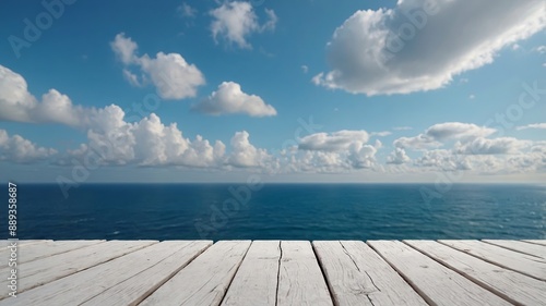 White wooden table with blue sky and sea background for product display. AI generated. © DEER FLUFFY