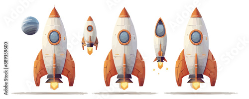Toy spaceships on a white background. Vector flat minimalistic isolated illustration.