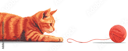 A cat playing with a ball of yarn, on a white background. Vector flat minimalistic isolated illustration.