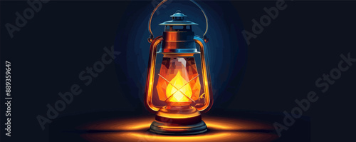 Antique brass lantern with glowing light and handle Vector flat minimalistic isolated illustration
