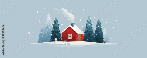 A cozy winter cabin with smoke billowing from the chimney and snow covering the ground. Vector flat minimalistic isolated illustration.