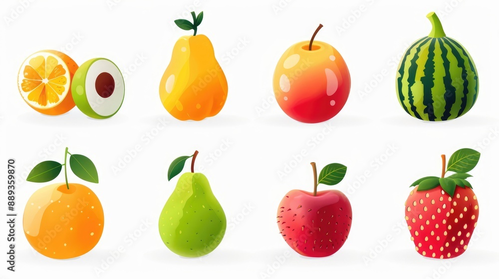 Nine cartoon fruit icons symmetrically arranged on white background Nine cartoon fruit icons symmetrically arranged on white background