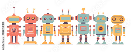 Toy robots on a white background. Vector flat minimalistic isolated illustration.