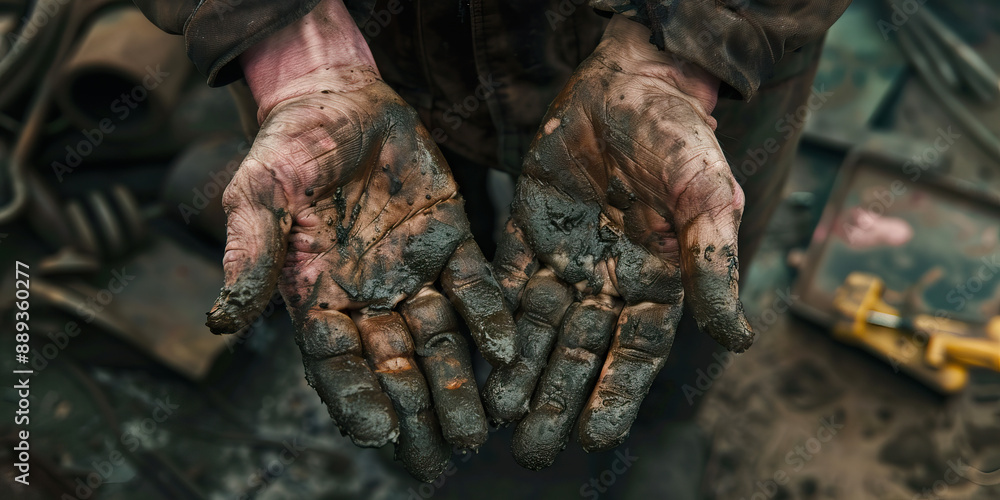 A mechanic's hands covered in grease and grime after a long day of work A mechanic's hands covered in grease and grime after a long day of work
