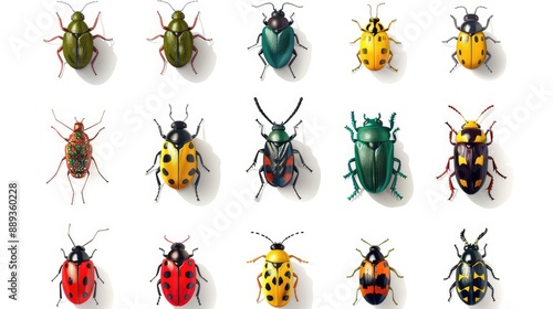 Nine cartoon insect icons symmetrically arranged on white background