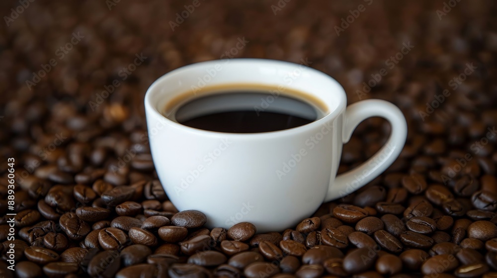 Steaming Cup of Black Coffee Nestled in Freshly Roasted Beans, Coffee Shop Atmosphere Steaming Cup of Black Coffee Nestled in Freshly Roasted Beans, Coffee Shop Atmosphere