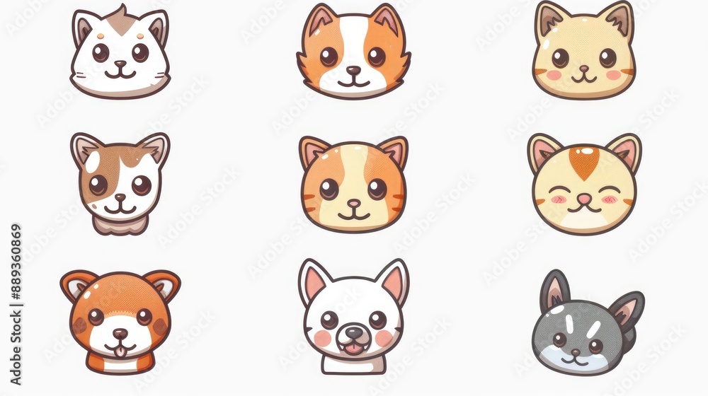 Obraz premium Nine cartoon pet icons symmetrically arranged on white background
