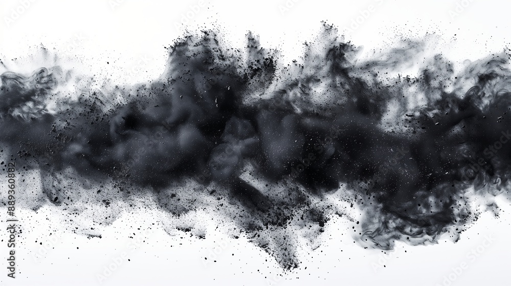 Floating black dust and powder scattered on white background. Floating black dust and powder scattered on white background.