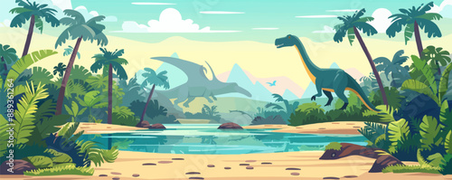 Prehistoric riverbank with giant dinosaur footprints and tropical plants, Jurassic dinosaur era environment game asset, Vector flat minimalistic isolated illustration