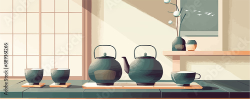 Traditional Japanese tea ceremony set, Vector flat minimalistic isolated illustration