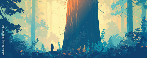 Ancient redwood tree in a misty forest, towering presence vector flat minimalistic isolated illustration