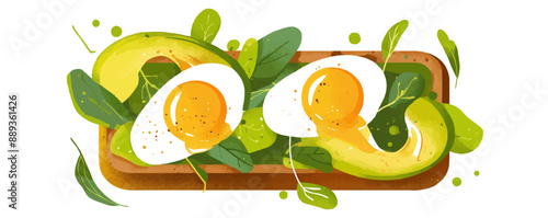 Toast with avocado slices and poached egg, Vector flat minimalistic isolated illustration