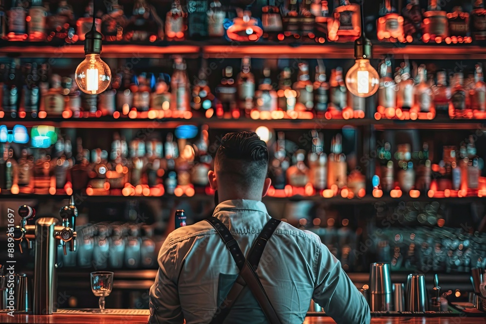 Photo of a bartender at a bar with no face showing Photo of a bartender at a bar with no face showing