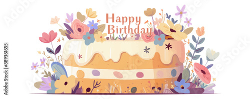 Vanilla cake with floral icing and a "Happy Birthday" topper, Vector flat minimalistic isolated illustration