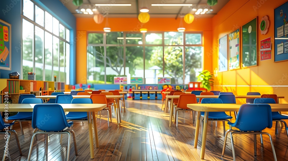 Modern elementary classroom, colorful plastic chairs, blue and orange seating, long wooden tables, vibrant educational posters, natural light, cheerful learning environment. Modern elementary classroom, colorful plastic chairs, blue and orange seating, long wooden tables, vibrant educational posters, natural light, cheerful learning environment.