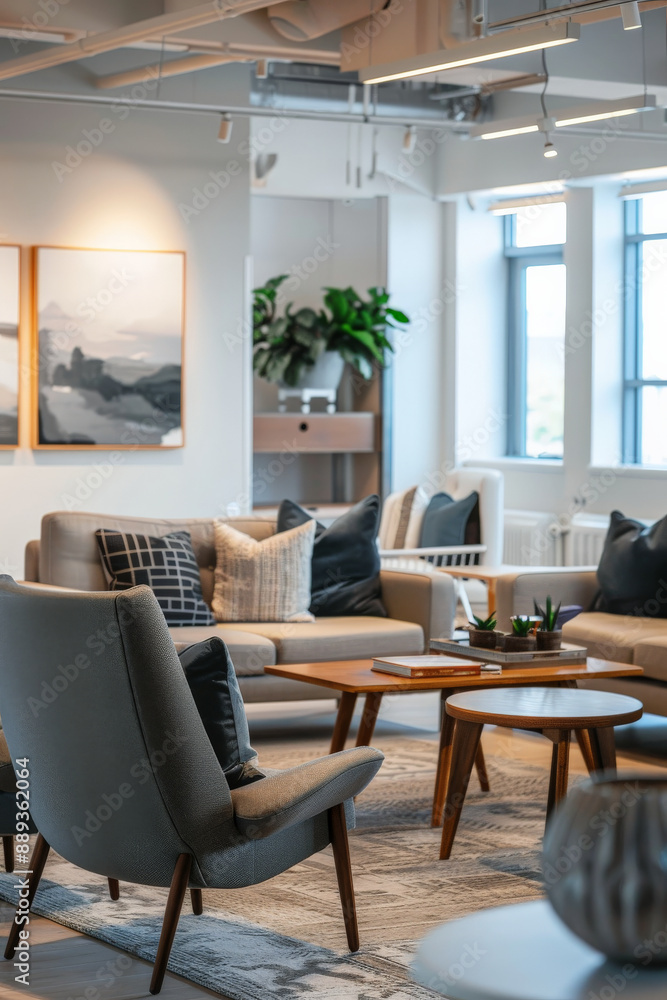 Sophisticated coworking space with elegant furniture, muted tones, and stylish decor to create a professional yet welcoming environment Sophisticated coworking space with elegant furniture, muted tones, and stylish decor to create a professional yet welcoming environment