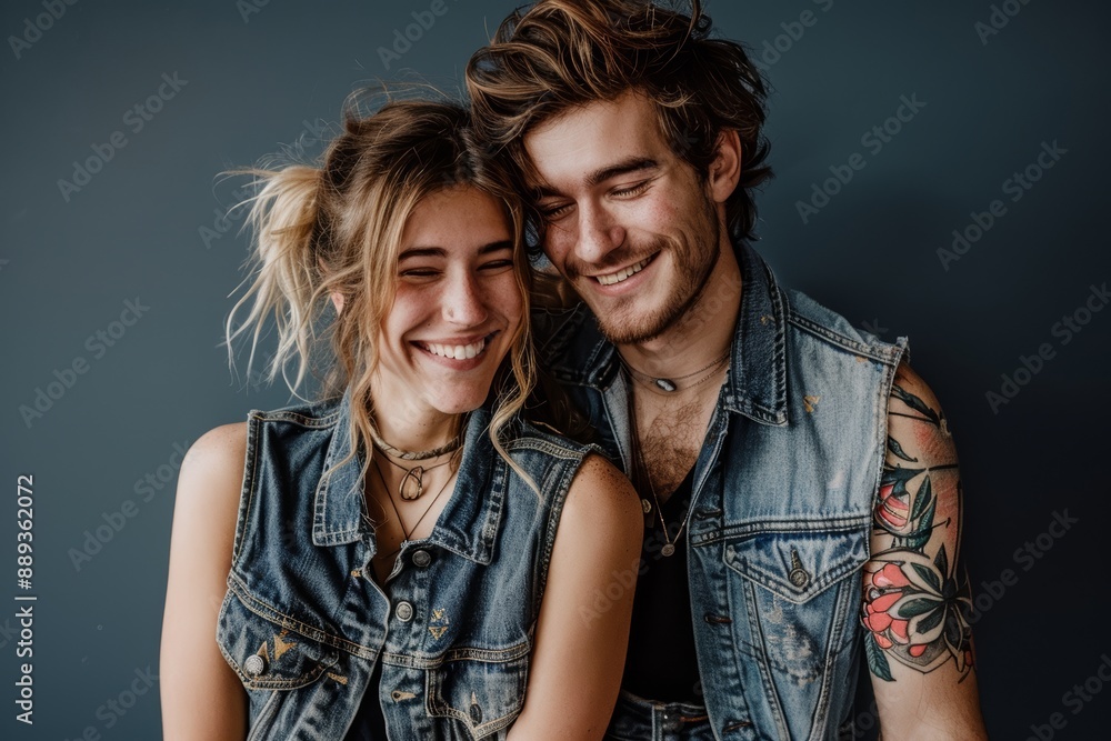 Portrait of a happy couple in their 20s wearing a rugged jean vest isolated in solid color backdrop Portrait of a happy couple in their 20s wearing a rugged jean vest isolated in solid color backdrop