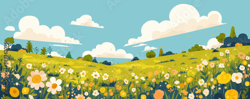 A field of flowers with a blue sky in the background. The sky is dotted with clouds and the sun is shining brightly. The field is full of yellow and white flowers, creating a bright