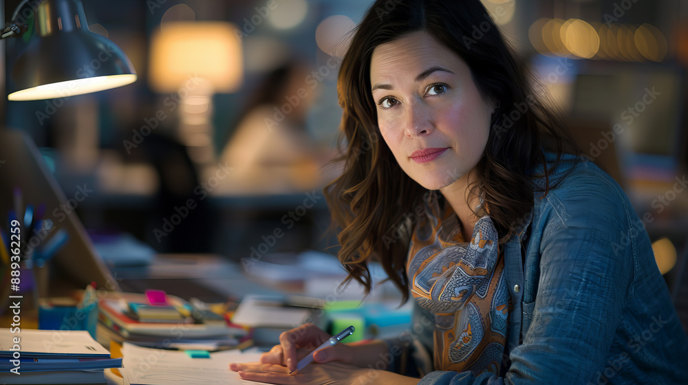 Fototapeta premium Professional Female Office Worker Collaborating in Modern Workspace: Businesswoman in Corporate Environment, Engaged in Teamwork and Productivity