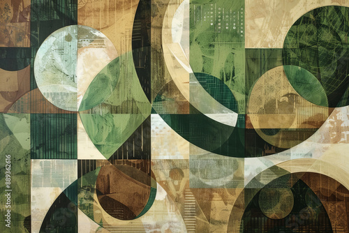 Canvas poster with geometric shapes in earthy greens and browns, highlighting natural patterns and organic forms in a nature-inspired wallpaper style photo