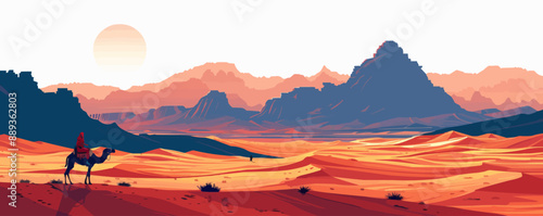 camel through the vast expanse of the Sahara Desert on a white background. Vector flat minimalistic isolated illustration.