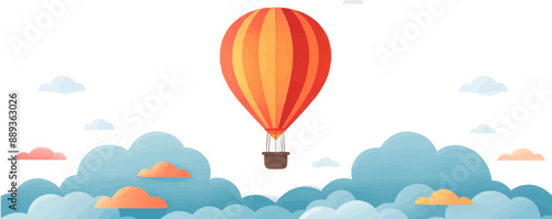 A hot air balloon flying in the clouds, on a white background. Vector flat minimalistic isolated illustration