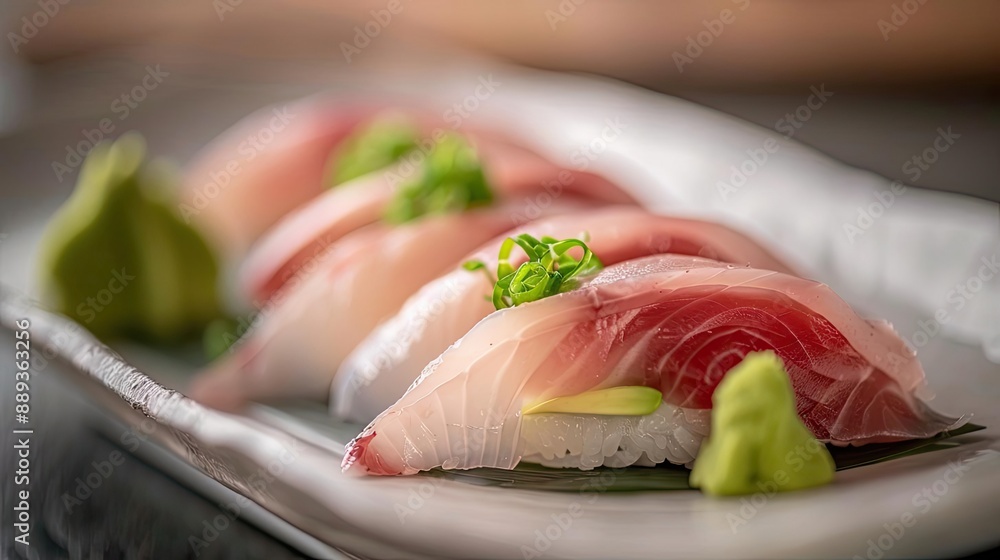 Fresh and delicious sushi on a white plate, garnished with green herbs and served with wasabi. Perfect for Japanese cuisine lovers. Fresh and delicious sushi on a white plate, garnished with green herbs and served with wasabi. Perfect for Japanese cuisine lovers.